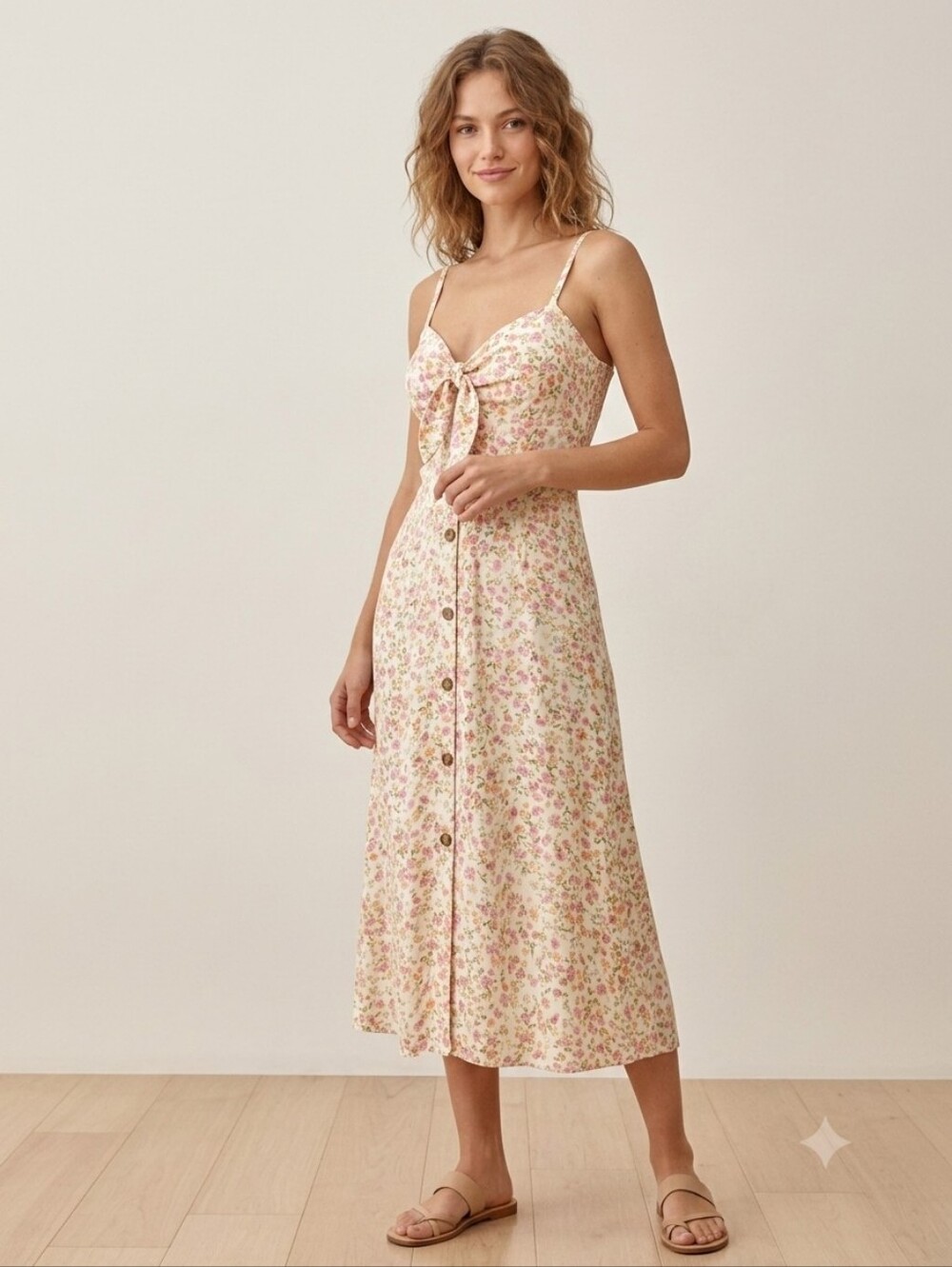A.U.W Floral Tie-Front Smocked Midi Dress Large Button Down Sun Dress